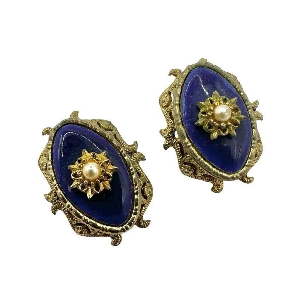 Gold tone blue pearl filagree clip on earrings